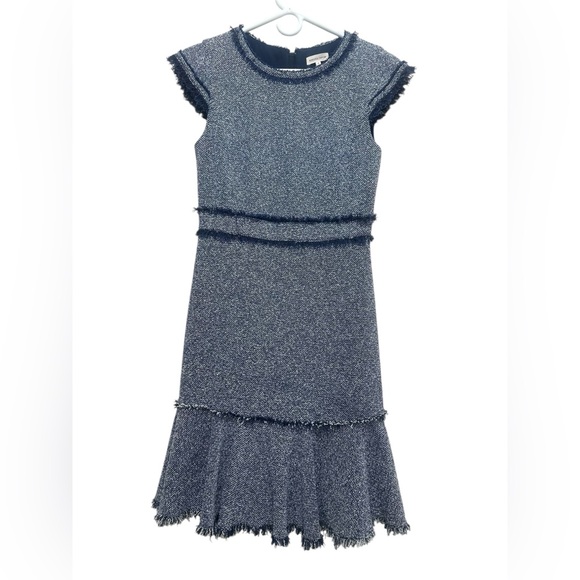 Rebecca Taylor Tweed Ruffle Dress Women 6 Blue Knee Length Preppy Office Classic - Picture 2 of 16